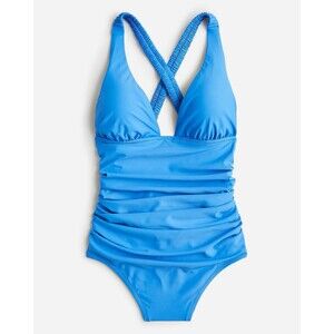 J. Crew Scrunchie Strap Retro Blue One Piece Plunge Swimsuit Size 0 NWT